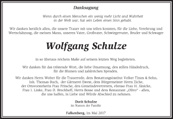 Traueranzeige von Wolfgang Schulze von Märkische Oderzeitung