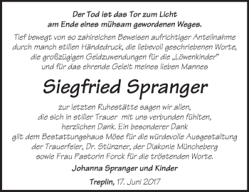 Traueranzeige von Siegfried Spranger von Märkische Oderzeitung