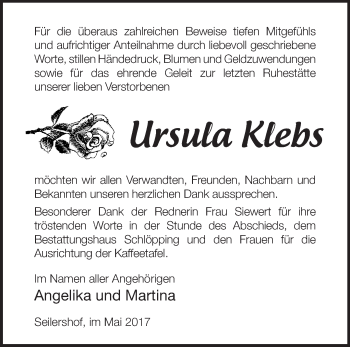 Traueranzeige von Ursula Klebs von Märkische Oderzeitung