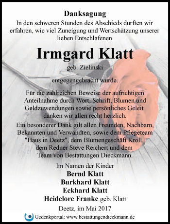 Traueranzeige von Irmgard Klatt von Märkische Oderzeitung