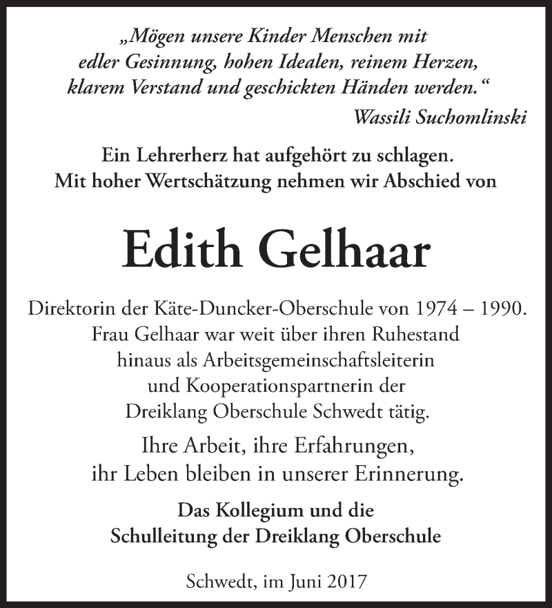  Traueranzeige für Edith Gelhaar vom 10.06.2017 aus Märkische Oderzeitung