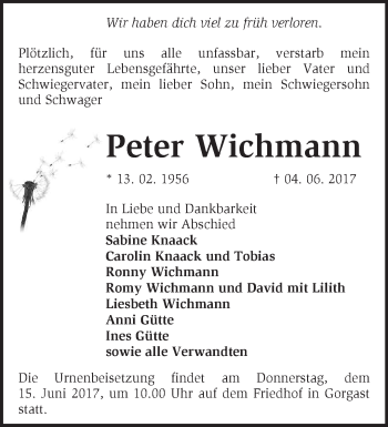 Traueranzeige von Peter Wichmann von Märkische Oderzeitung