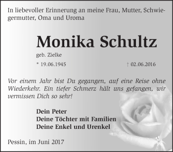 Traueranzeige von Monika Schultz von Märkische Oderzeitung