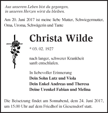 Traueranzeige von Christa Wilde von Märkische Oderzeitung