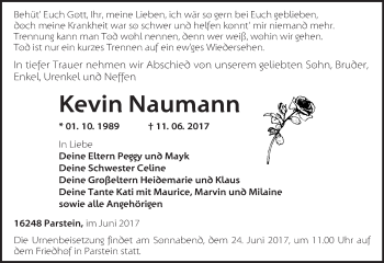 Traueranzeige von Kevin Naumann von Märkische Oderzeitung