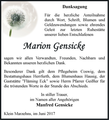 Traueranzeige von Marion Gensicke von Märkische Oderzeitung