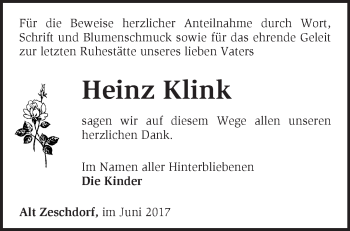 Traueranzeige von Heinz Klink von Märkische Oderzeitung