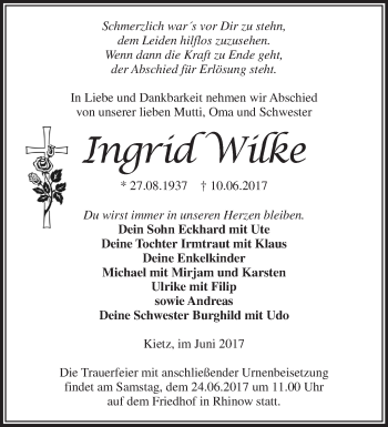 Traueranzeige von Ingrid Wilke von Märkische Oderzeitung