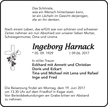 Traueranzeige von Ingeborg Harnack von Märkische Oderzeitung