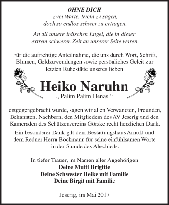 Traueranzeige von Heiko Naruhn von Märkische Oderzeitung