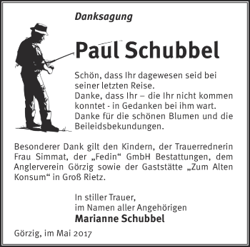 Traueranzeige von Paul Schubbel von Märkische Oderzeitung