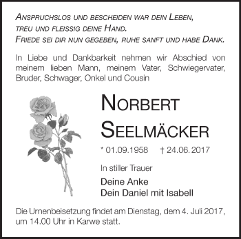 Traueranzeige von Norbert Seelmäcker von Märkische Oderzeitung