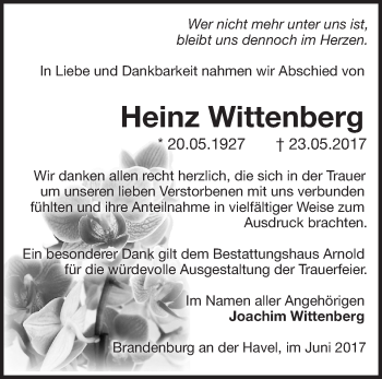 Traueranzeige von Heinz Wittenberg von Märkische Oderzeitung