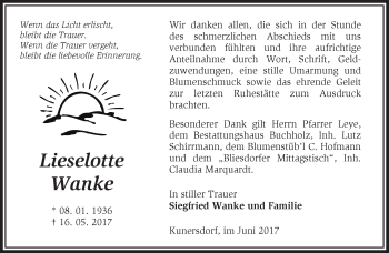 Traueranzeige von Lieselotte Wanke von Märkische Oderzeitung