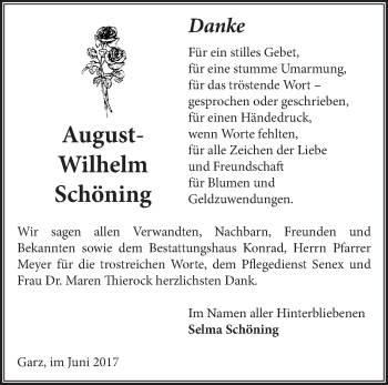 Traueranzeige von August-Wilhelm Schöning von Märkische Oderzeitung