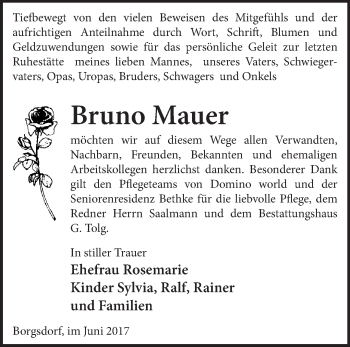 Traueranzeige von Bruno Mauer von Märkische Oderzeitung