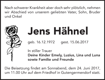 Traueranzeige von Jens Hähnel von Märkische Oderzeitung