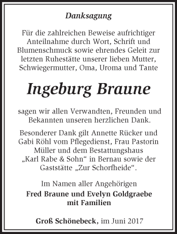 Traueranzeige von Ingeburg Braune von Märkische Oderzeitung