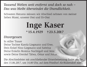 Traueranzeige von Inge Kaser von Märkische Oderzeitung