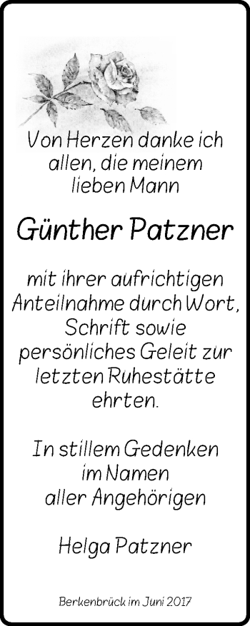 Traueranzeige von Günther Patzner von Märkische Oderzeitung