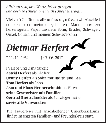 Traueranzeige von Dietmar Herfert von Märkische Oderzeitung