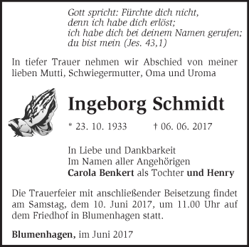 Traueranzeige von Ingeborg Schmidt von Märkische Oderzeitung