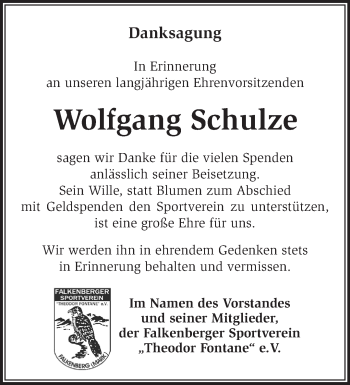 Traueranzeige von Wolfgang Schulze von Märkische Oderzeitung