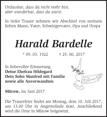 Traueranzeige von Harald Bardelle von Märkische Oderzeitung