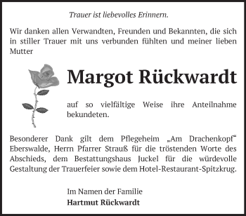 Traueranzeige von Margot Rückwardt von Märkische Oderzeitung