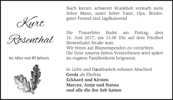 Traueranzeige von Kurt Rosenthal von Märkische Oderzeitung