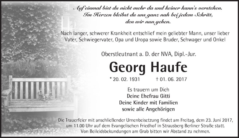  Traueranzeige für Georg Haufe vom 10.06.2017 aus Märkische Oderzeitung
