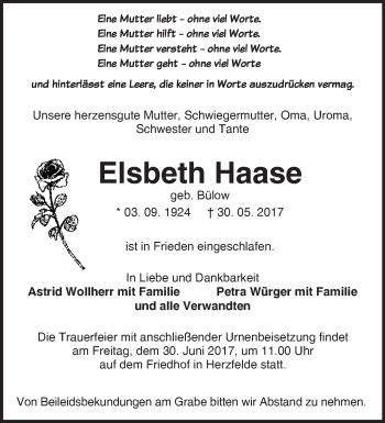 Traueranzeige von Elsbeth Haase von Märkische Oderzeitung