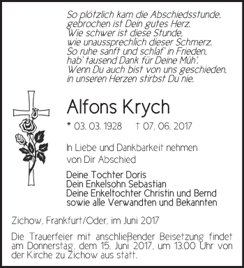 Traueranzeige von Alfons Krych von Märkische Oderzeitung