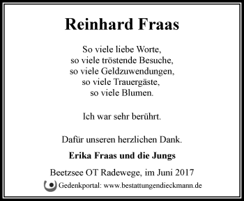 Traueranzeige von Reinhard Fraas von Märkische Oderzeitung