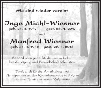 Traueranzeige von Inge Michl-Wiesner von Märkische Oderzeitung