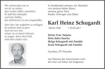 Traueranzeige von Karl Heinz Schugardt von Märkische Oderzeitung