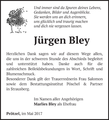 Traueranzeige von Jürgen Bley von Märkische Oderzeitung