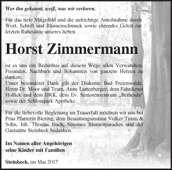 Traueranzeige von Horst Zimmermann von Märkische Oderzeitung