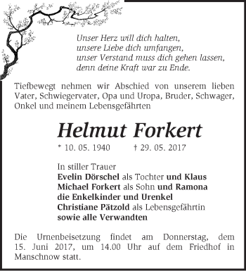 Traueranzeige von Helmut Forkert von Märkische Oderzeitung