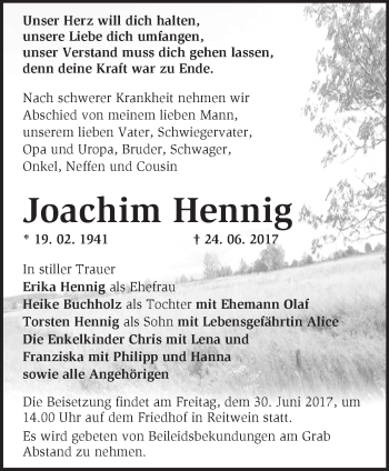 Traueranzeige von Joachim Hennig von Märkische Oderzeitung