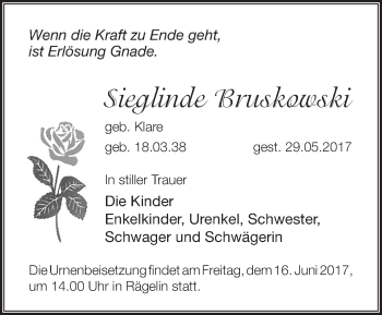 Traueranzeige von Sieglinde Bruskowski von Märkische Oderzeitung