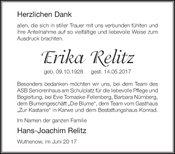 Traueranzeige von Erika Relitz von Märkische Oderzeitung