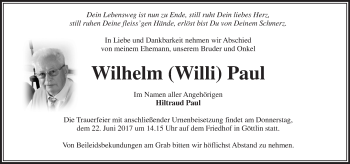 Traueranzeige von Wilhelm Paul von Märkische Oderzeitung