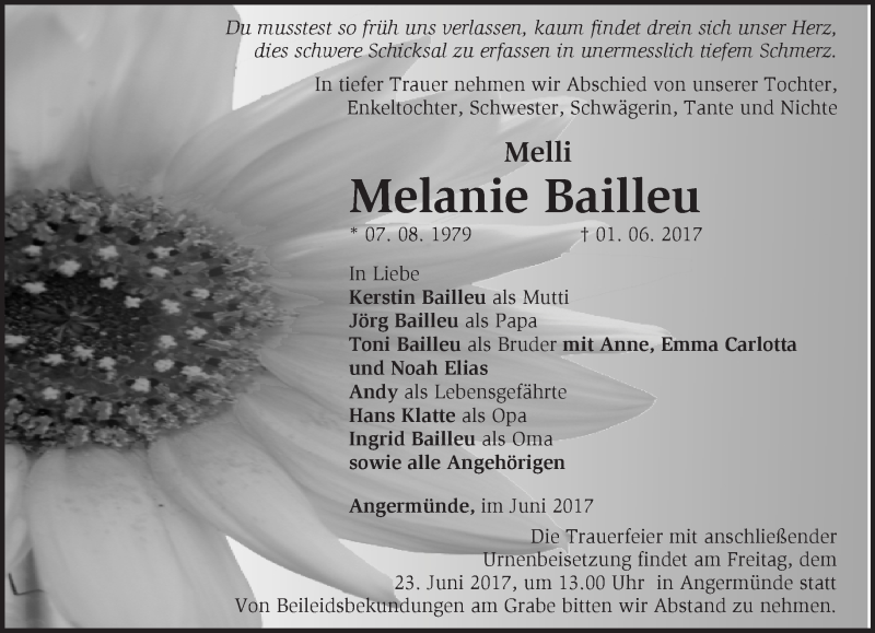 Traueranzeige für Melanie Bailleu vom 11.06.2017 aus Märkische Oderzeitung