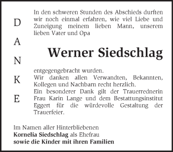 Traueranzeige von Werner Siedschlag von Märkische Oderzeitung