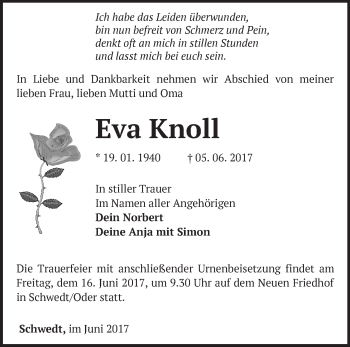 Traueranzeige von Eva Knoll von Märkische Oderzeitung