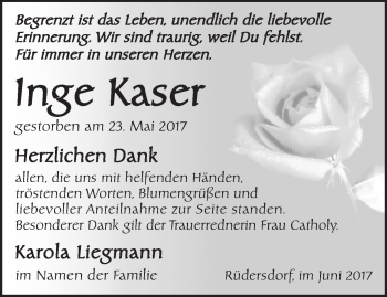 Traueranzeige von Inge Kaser von Märkische Oderzeitung