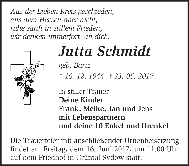  Traueranzeige für Jutta Schmidt vom 04.06.2017 aus Märkische Oderzeitung