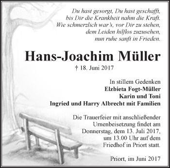 Traueranzeige von Hans-Joachim Müller von Märkische Oderzeitung