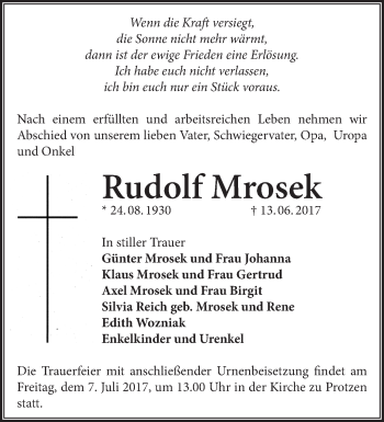 Traueranzeige von Rudolf Mrosek von Märkische Oderzeitung